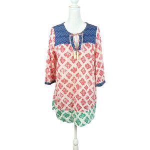 Anthropologie Tunic Top Medium Mermaid Block Print Cotton Tunic Festival Tassel